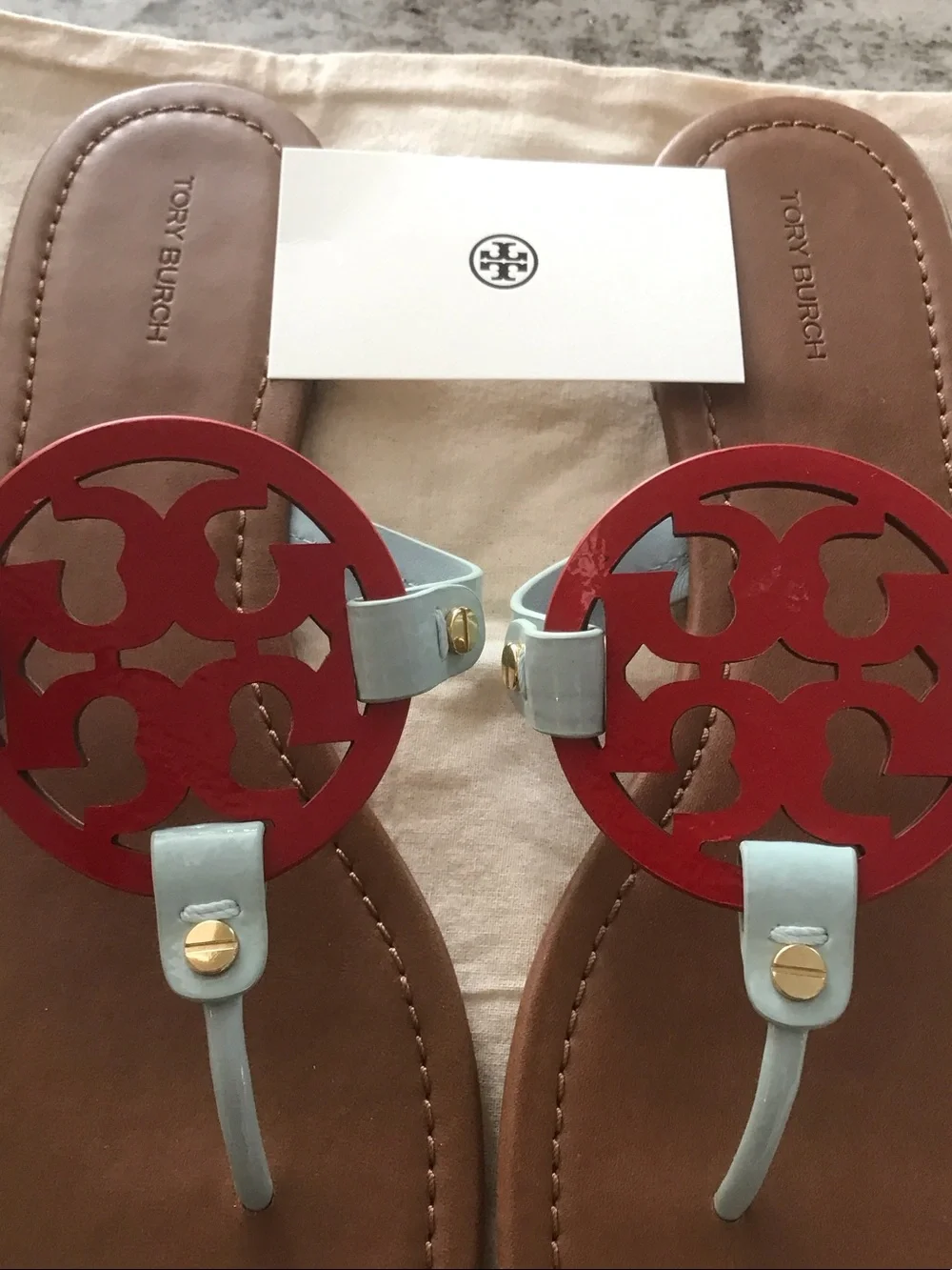 Tory Burch Red Medallion Light Blue Strap Brown Footbed Sandals